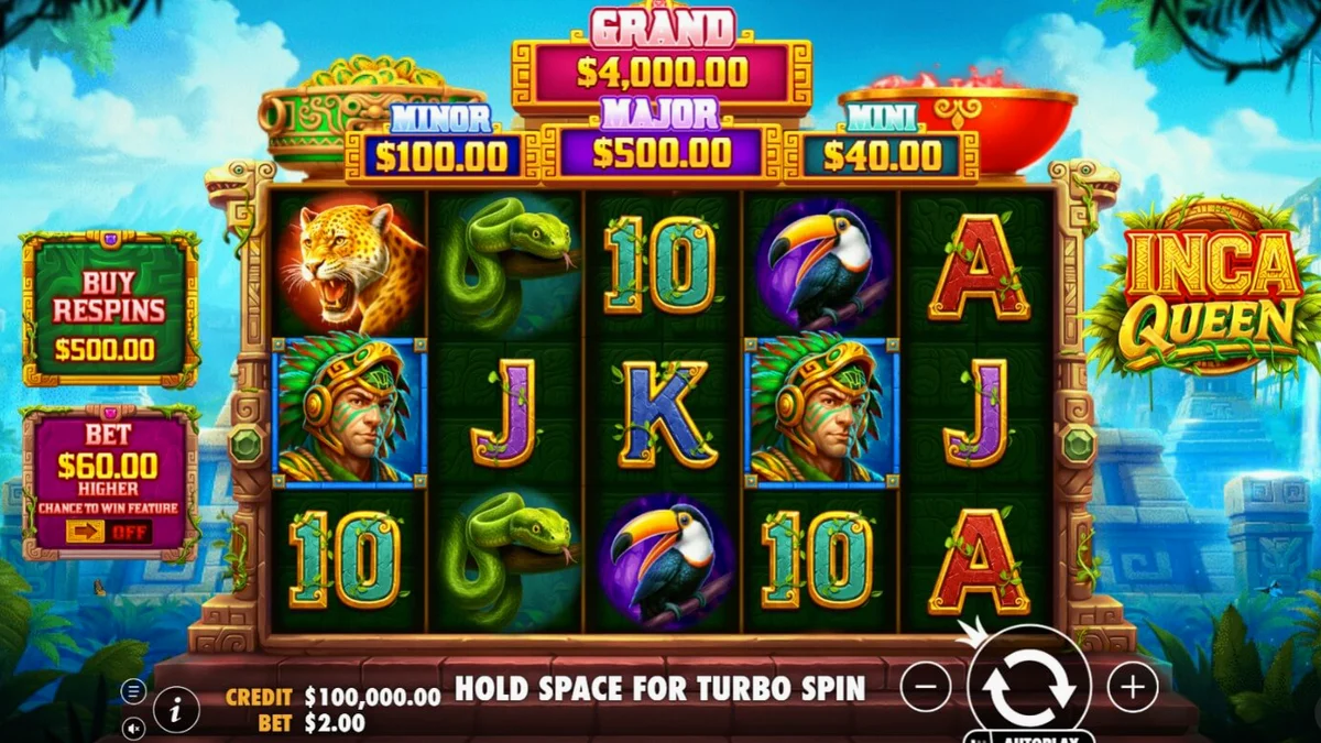 Tampilan visual slot Inca Queen dengan latar belakang pegunungan dan kuil kuno.
