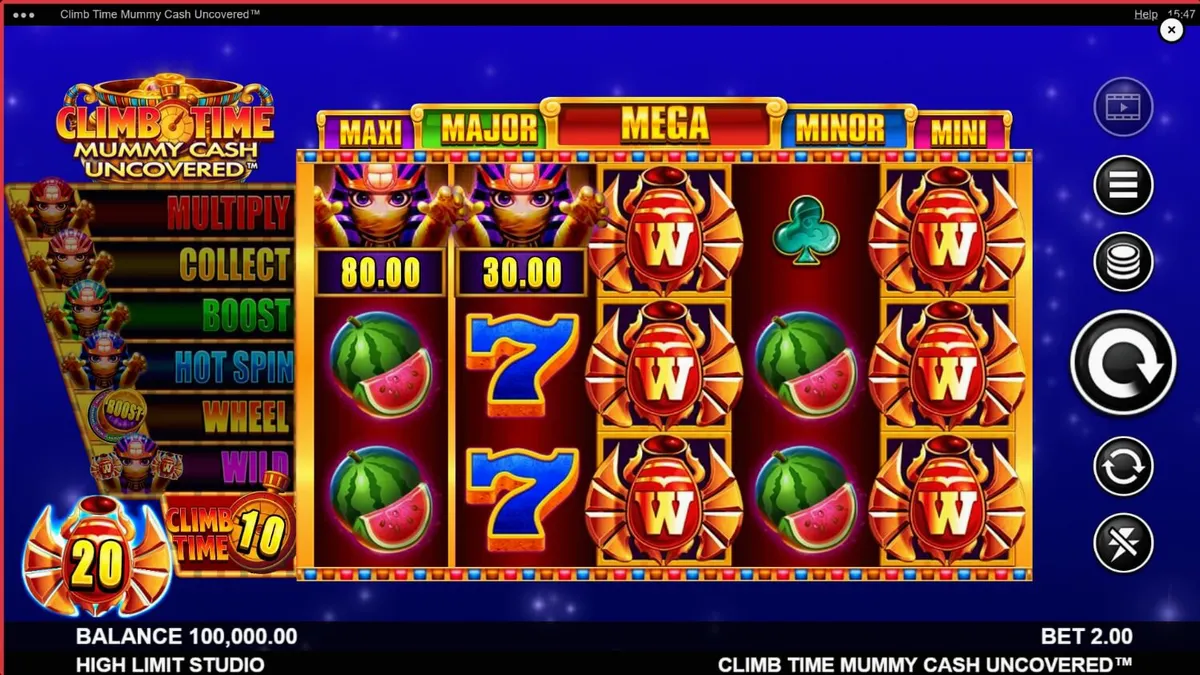 Tampilan visual slot Climb Time Mummy Cash Uncovered dengan latar belakang malam Mesir yang modern.